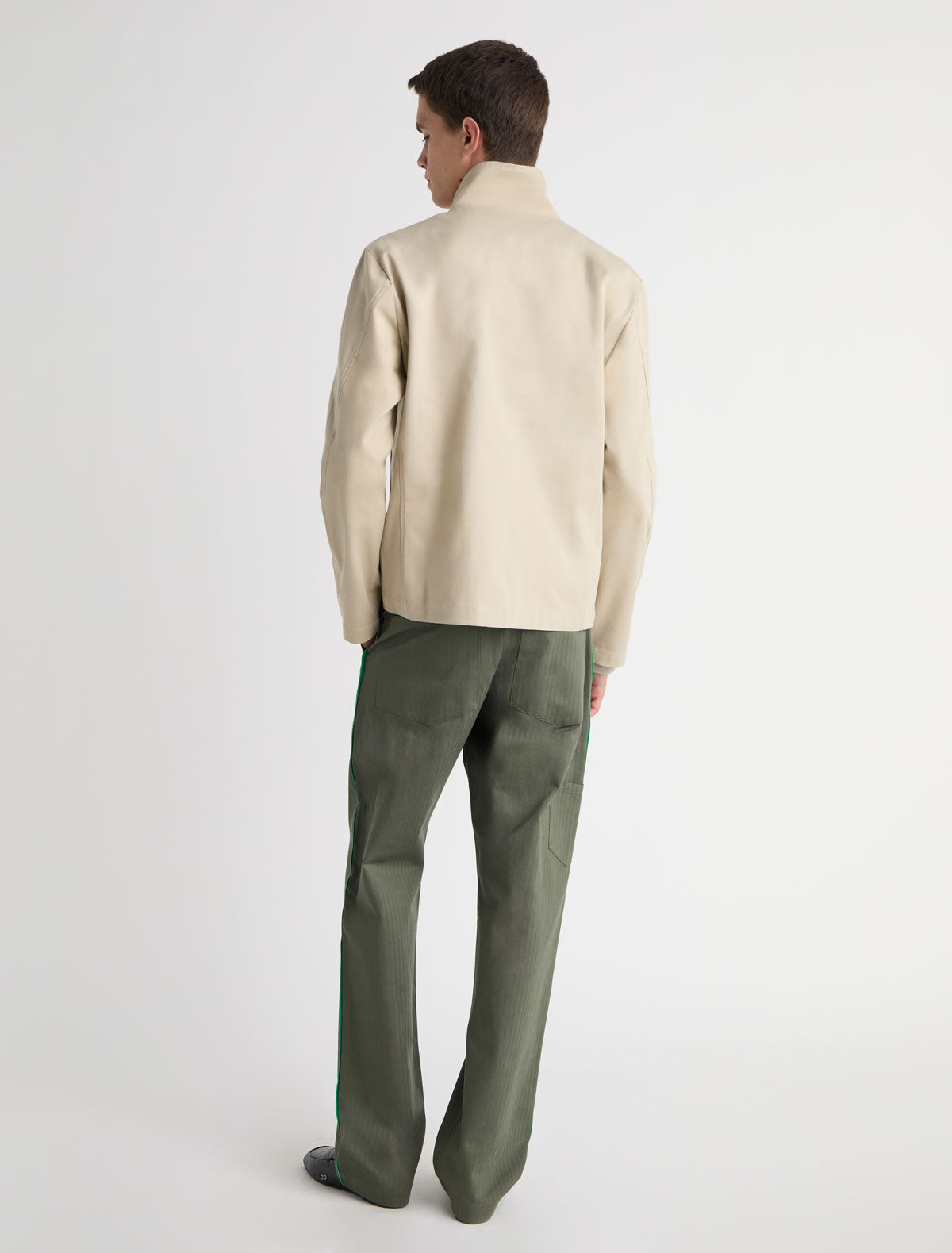 Maxim twill jacket four hook and eye closures leather detailing
