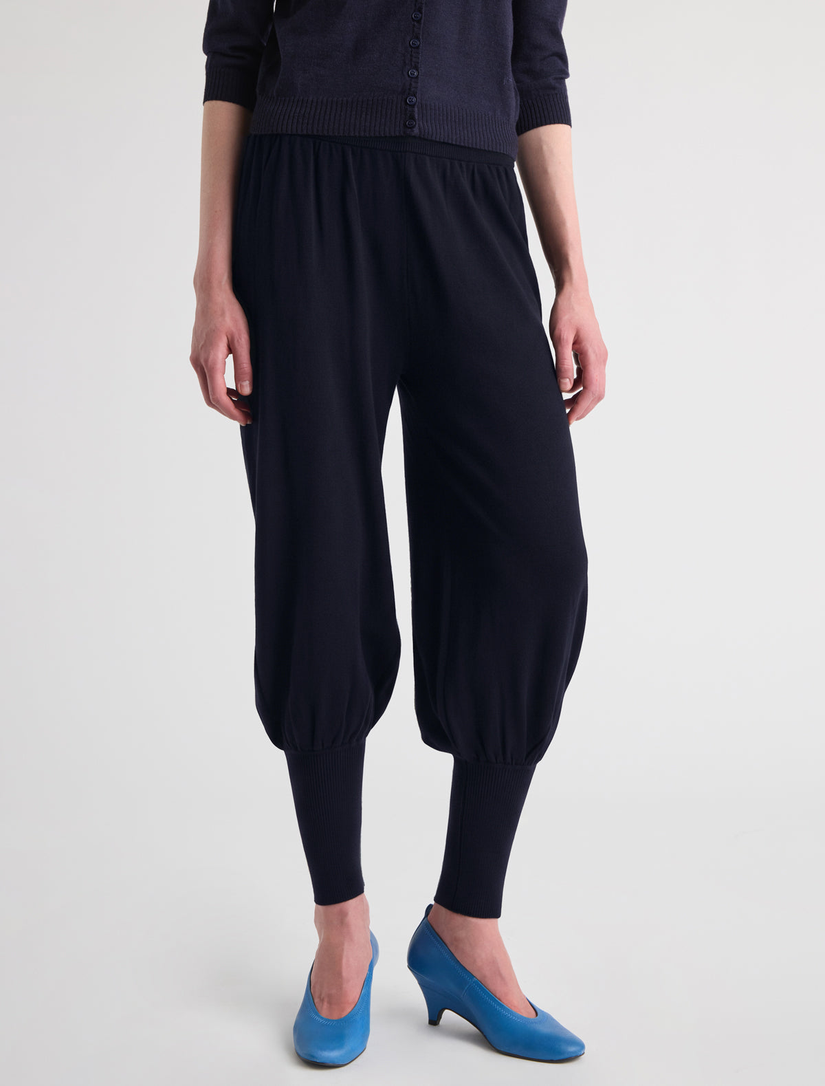 Melin balloon trousers ribbed detailing waist cuffs navy
