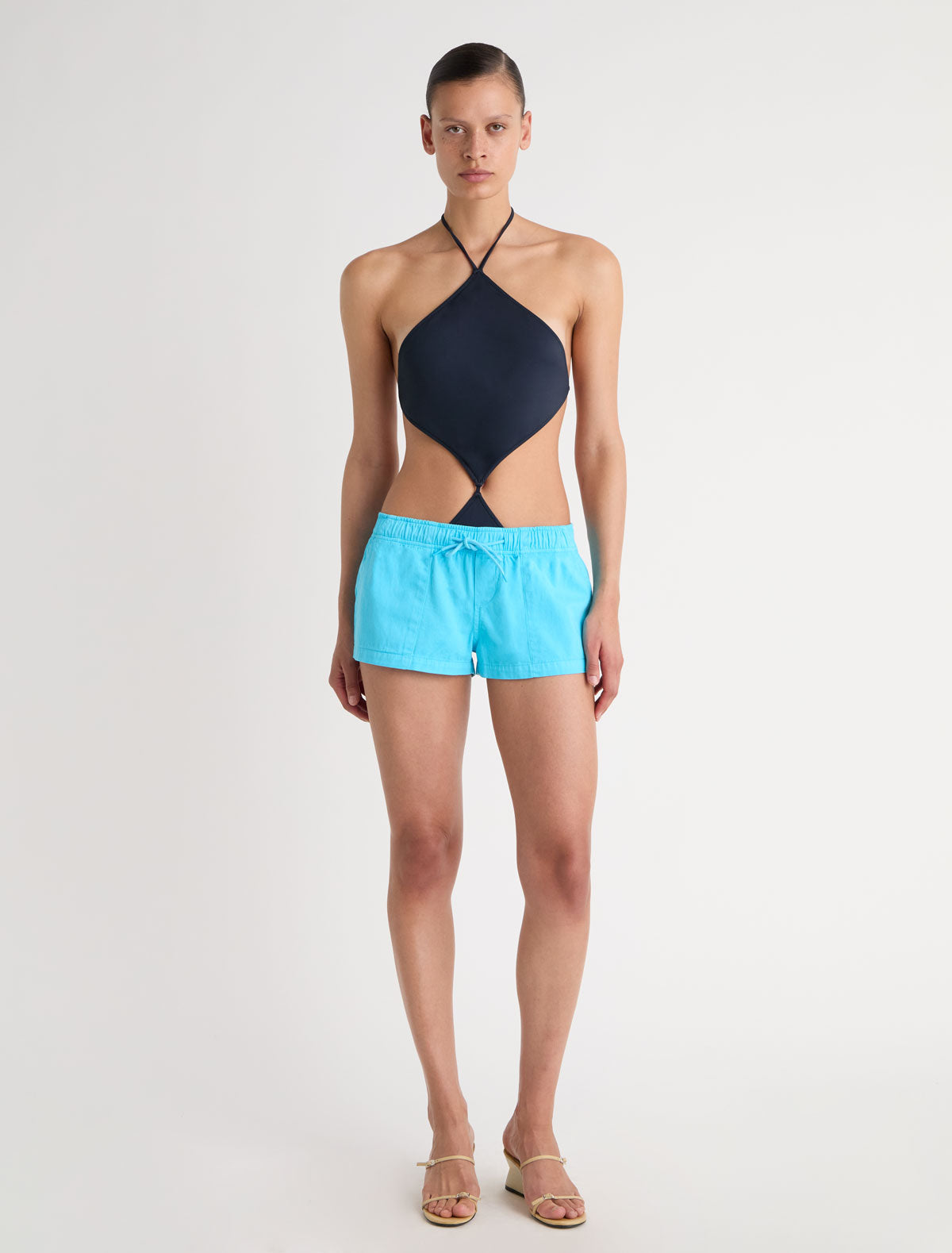 Mini mau mini shorts elasticated waistband adjustable drawstring turquoise