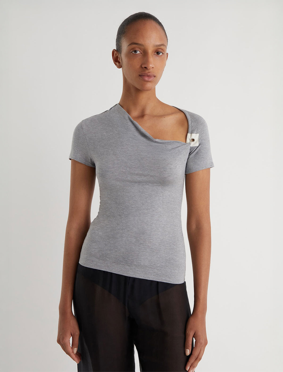 Mire short sleeve top draped neckline hook and eye closure grey