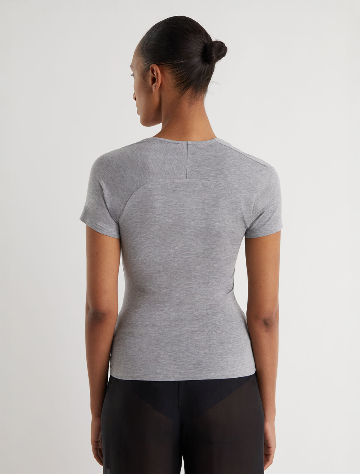 Mire short sleeve top draped neckline hook and eye closure grey