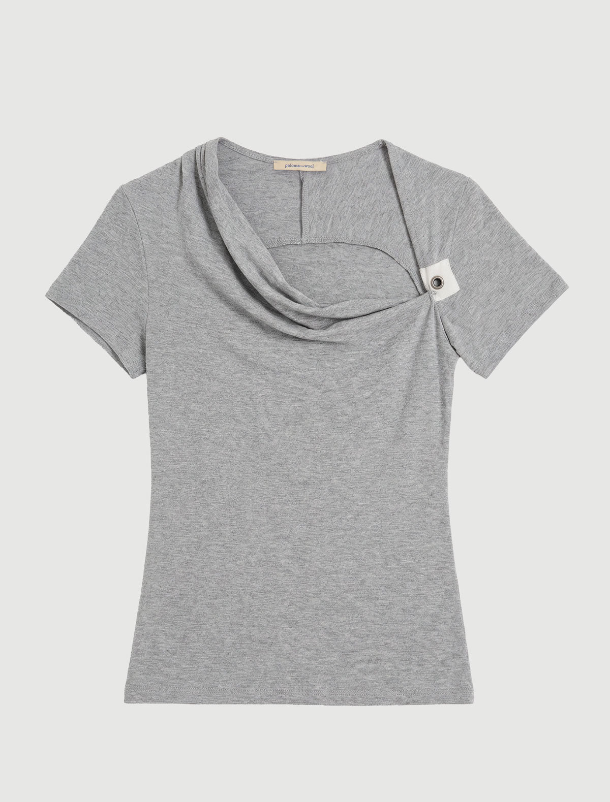 Mire short sleeve top draped neckline hook and eye closure grey