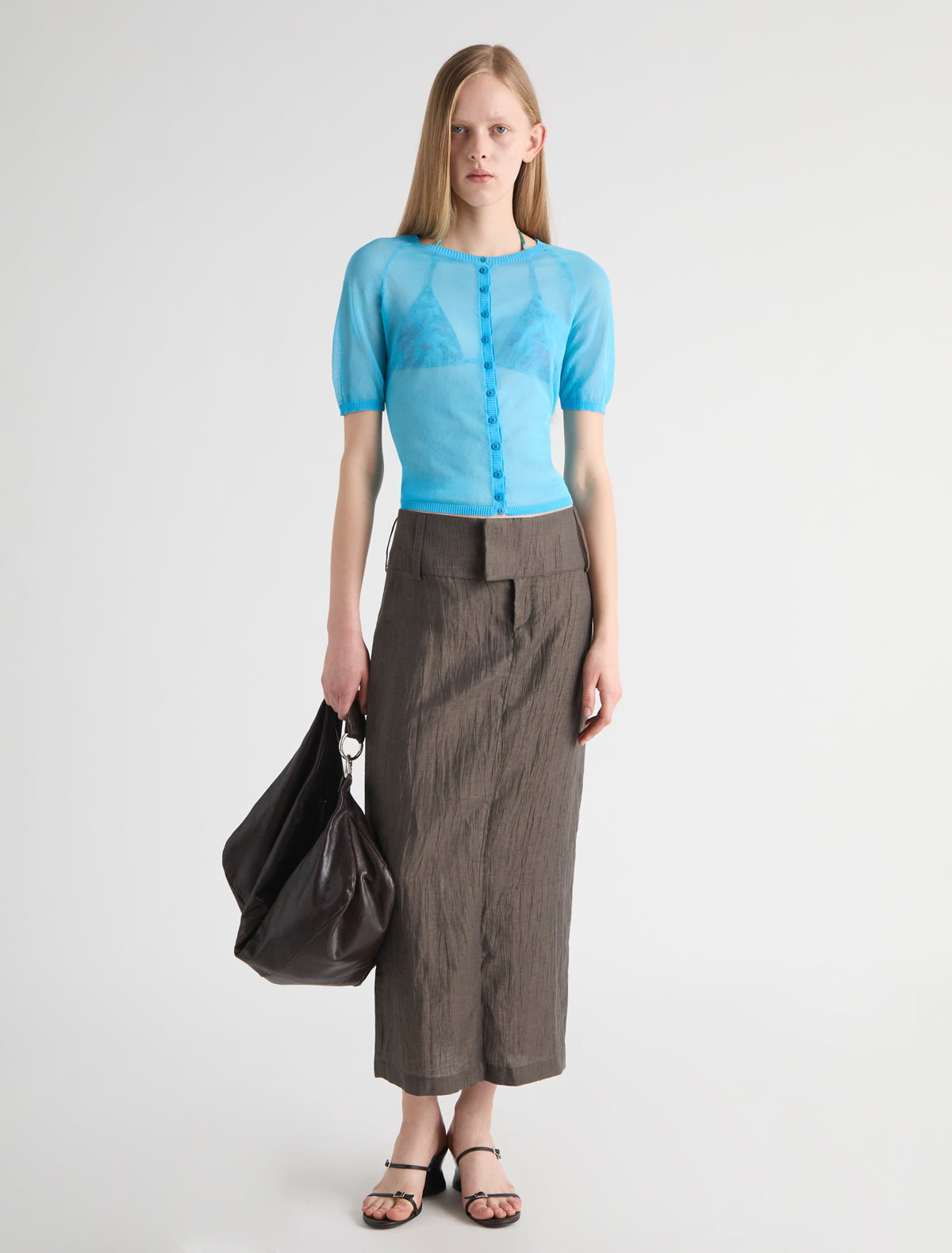 Movi long pencil skirt wide waistband hook and eye closure long belt loops brown