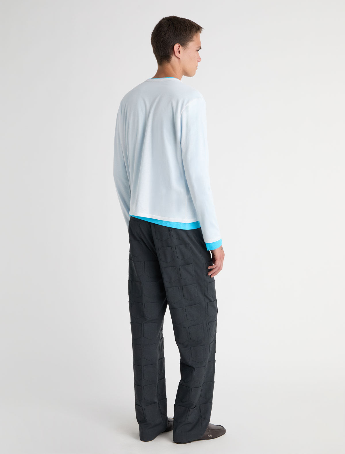 Nestor b long sleeve top crewneck chest pockets central button placket white