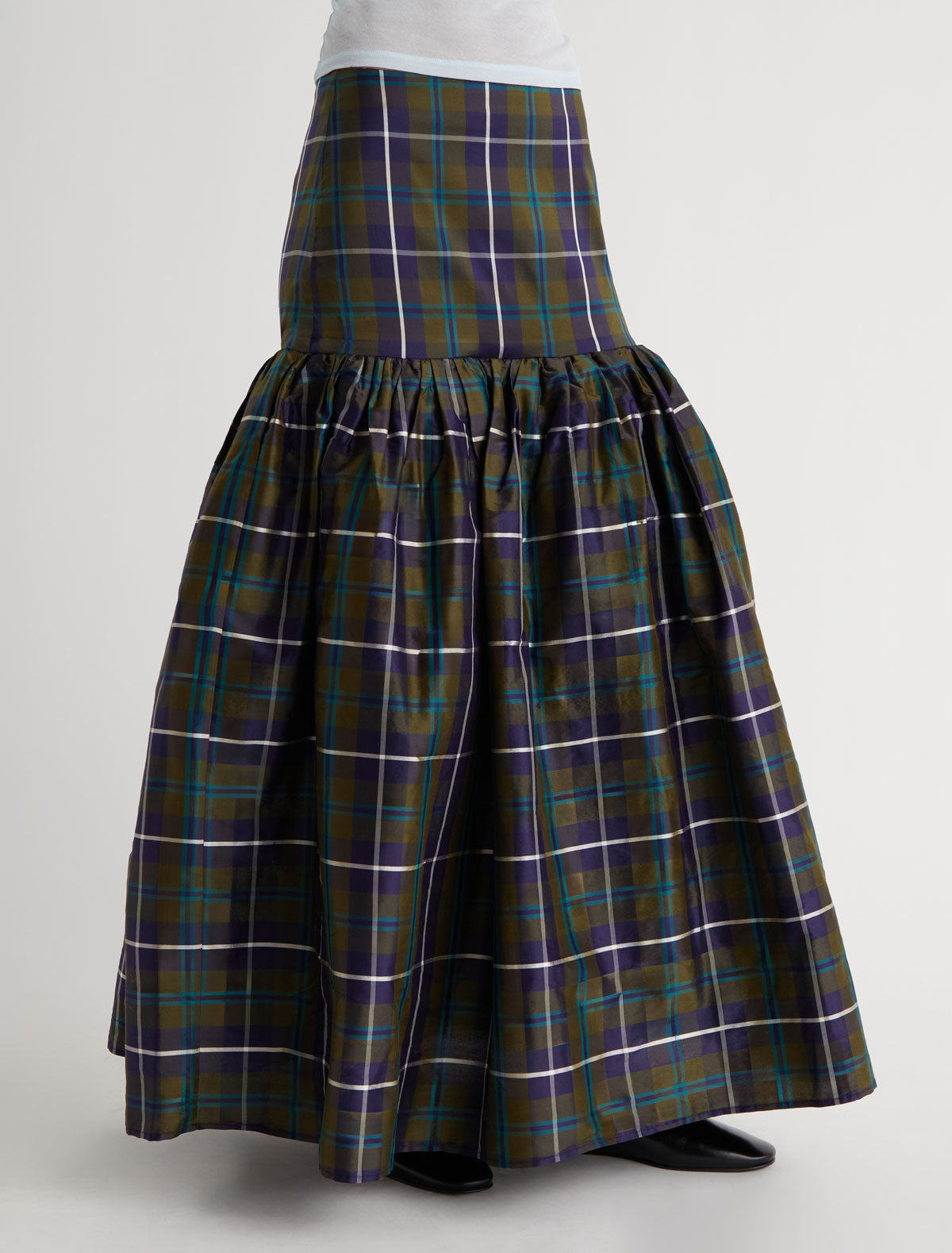 Oldy checked silk skirt puffy silhouette navy