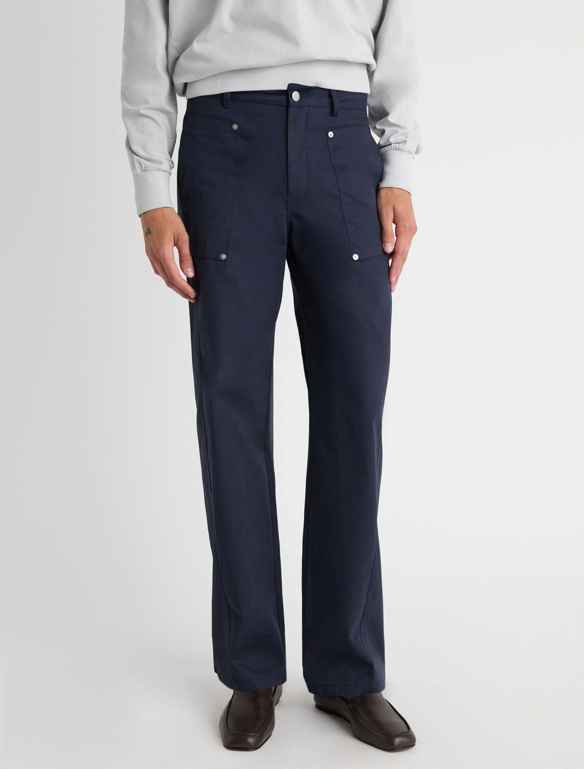 Orlando men trousers forward shifted seams front welt pockets navy