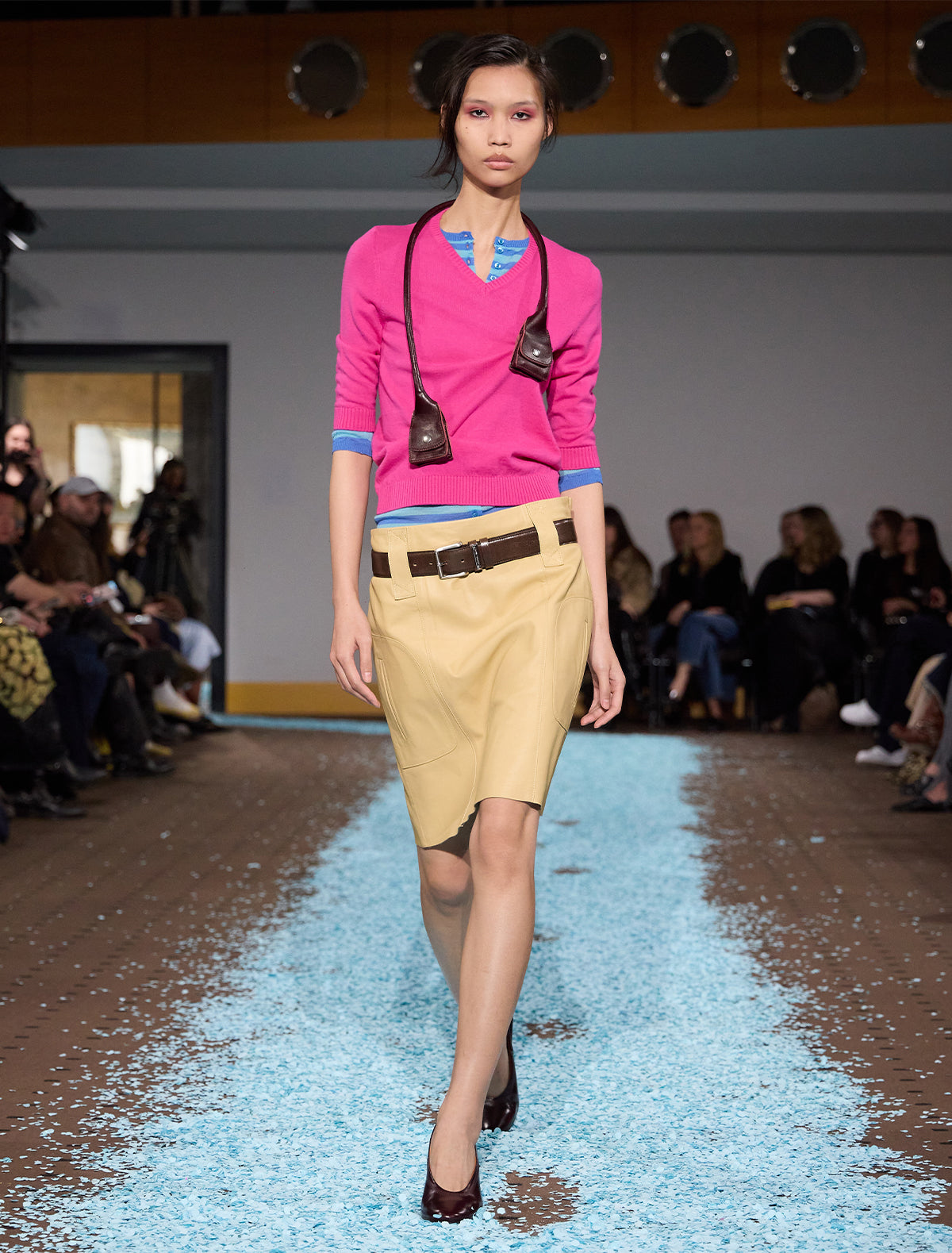 Miracla leather skirt wide belt loops patch pockets yellow