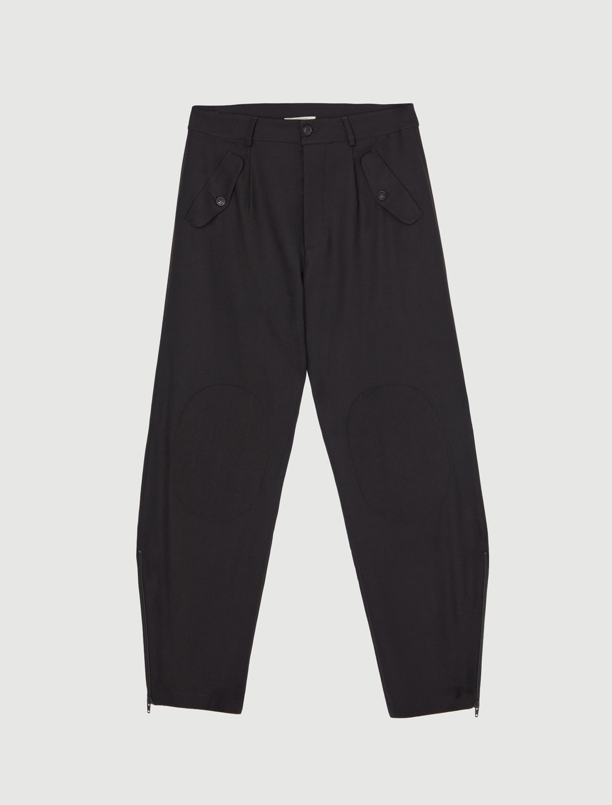 Figma b suit mens trousers rounded shape flap pockets stitched knee panels