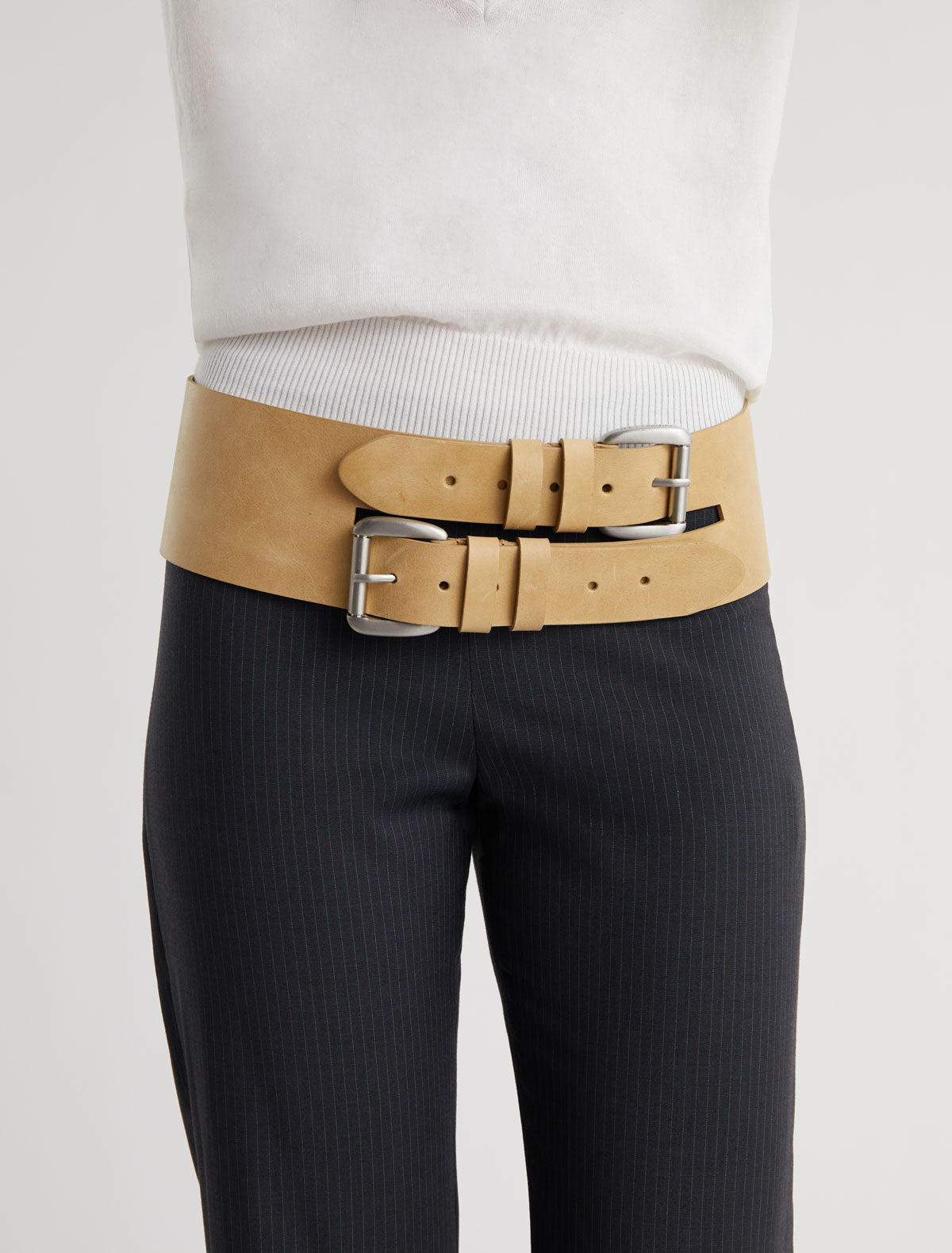 Penelope wide leather belt double buckle system yellow