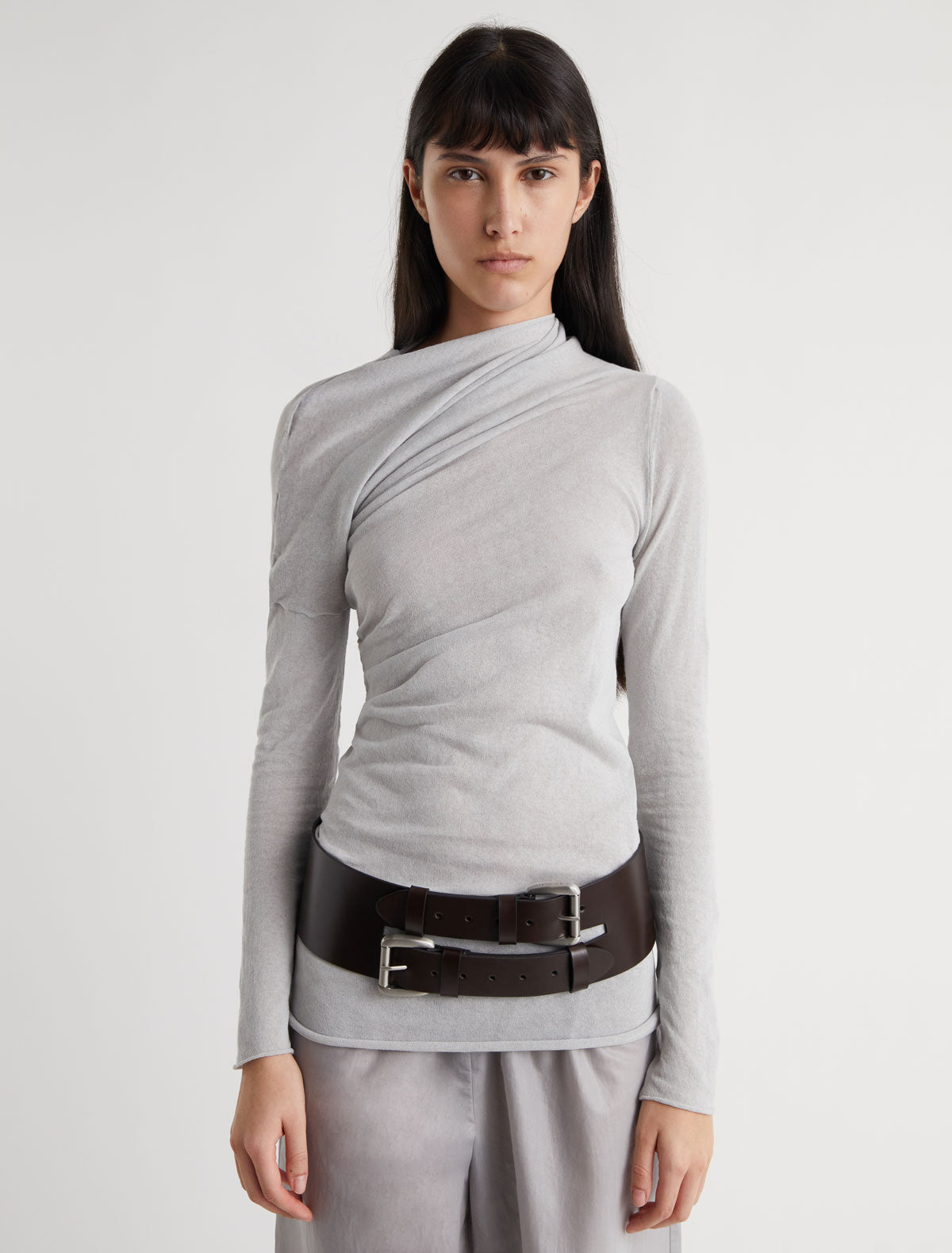 Penelope wide leather belt double buckle system darkbrown