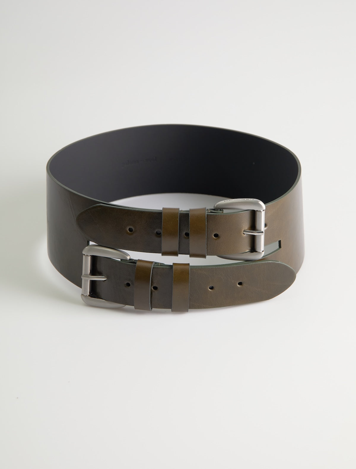Penelope wide leather belt double buckle system khaki