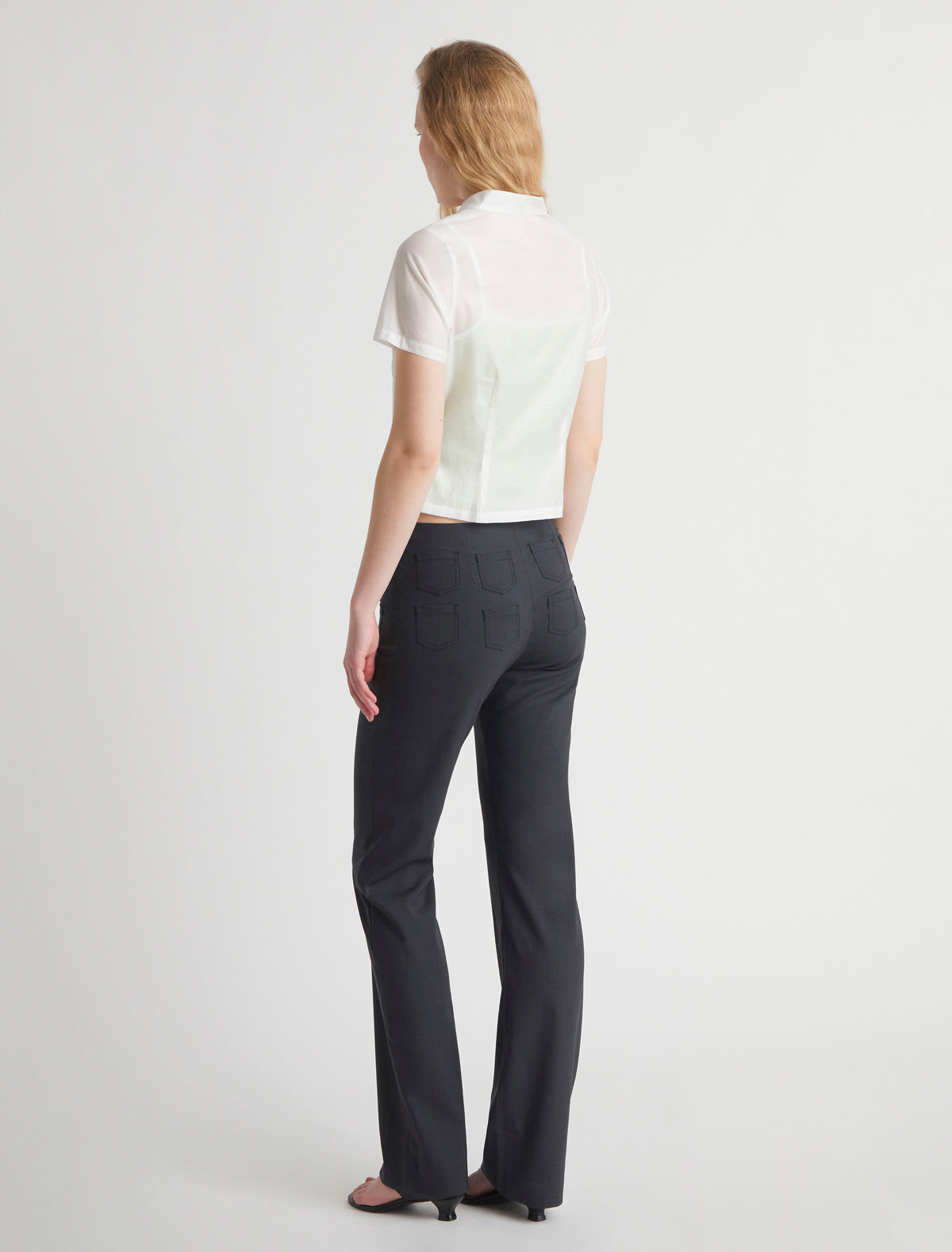 Gaspar short sleeve top mao style collar ruffle detail white
