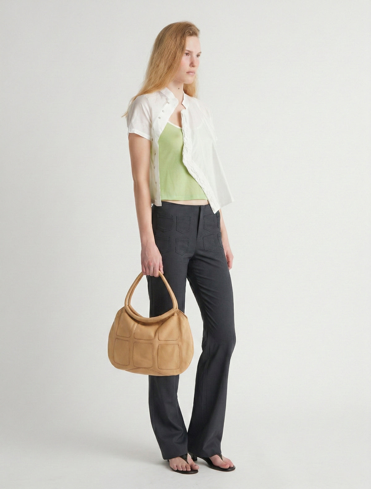 Pockets round shaped shoulder bag multiple pocket details ocher