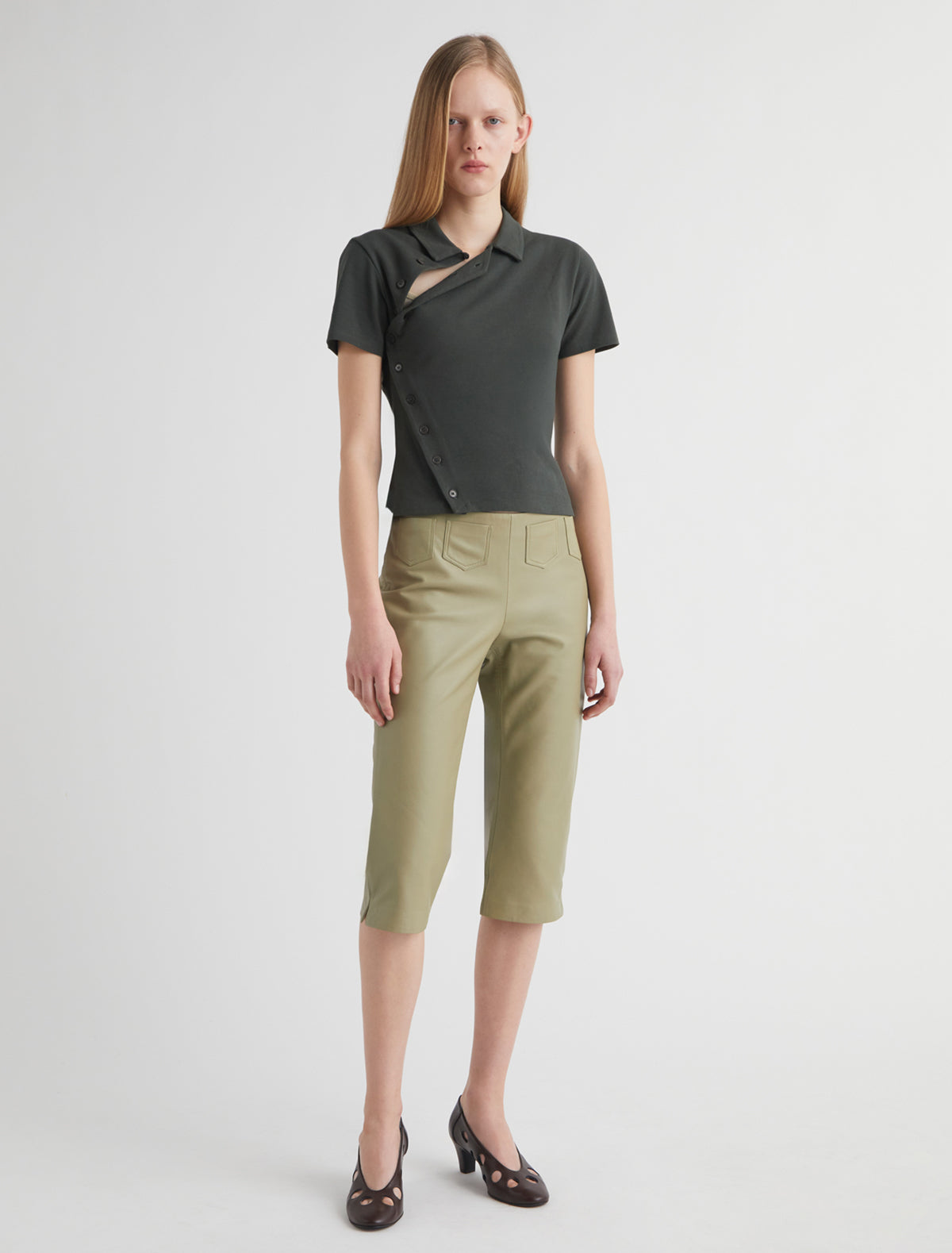 Nico short sleeved asymmetric buttoned top khaki
