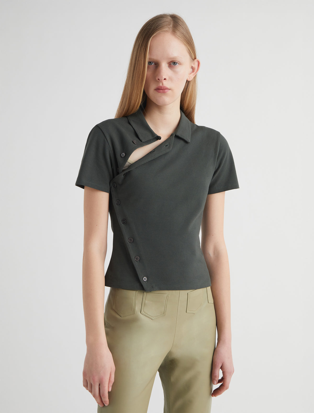 Nico short sleeved asymmetric buttoned top khaki