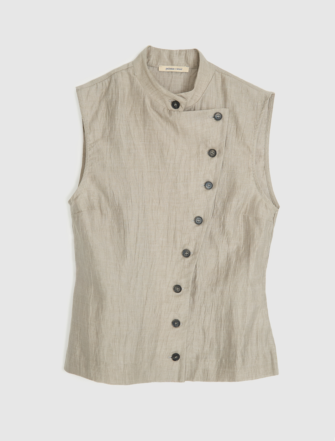 Sara high neck top wrap front button closure grey