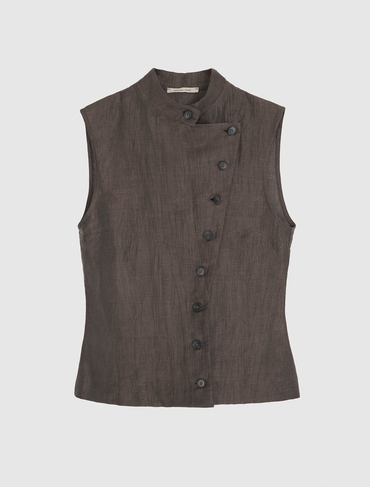Sara high neck top wrap front button closure brown