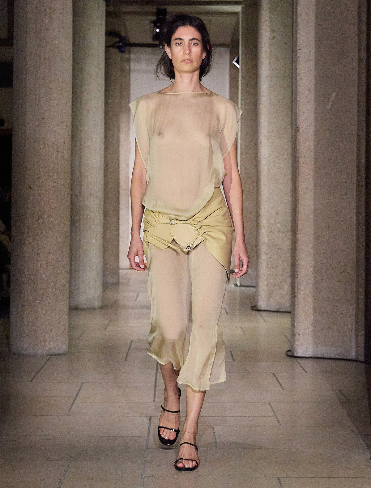 Adriana gathered leather sash double metal buckle closure ocher