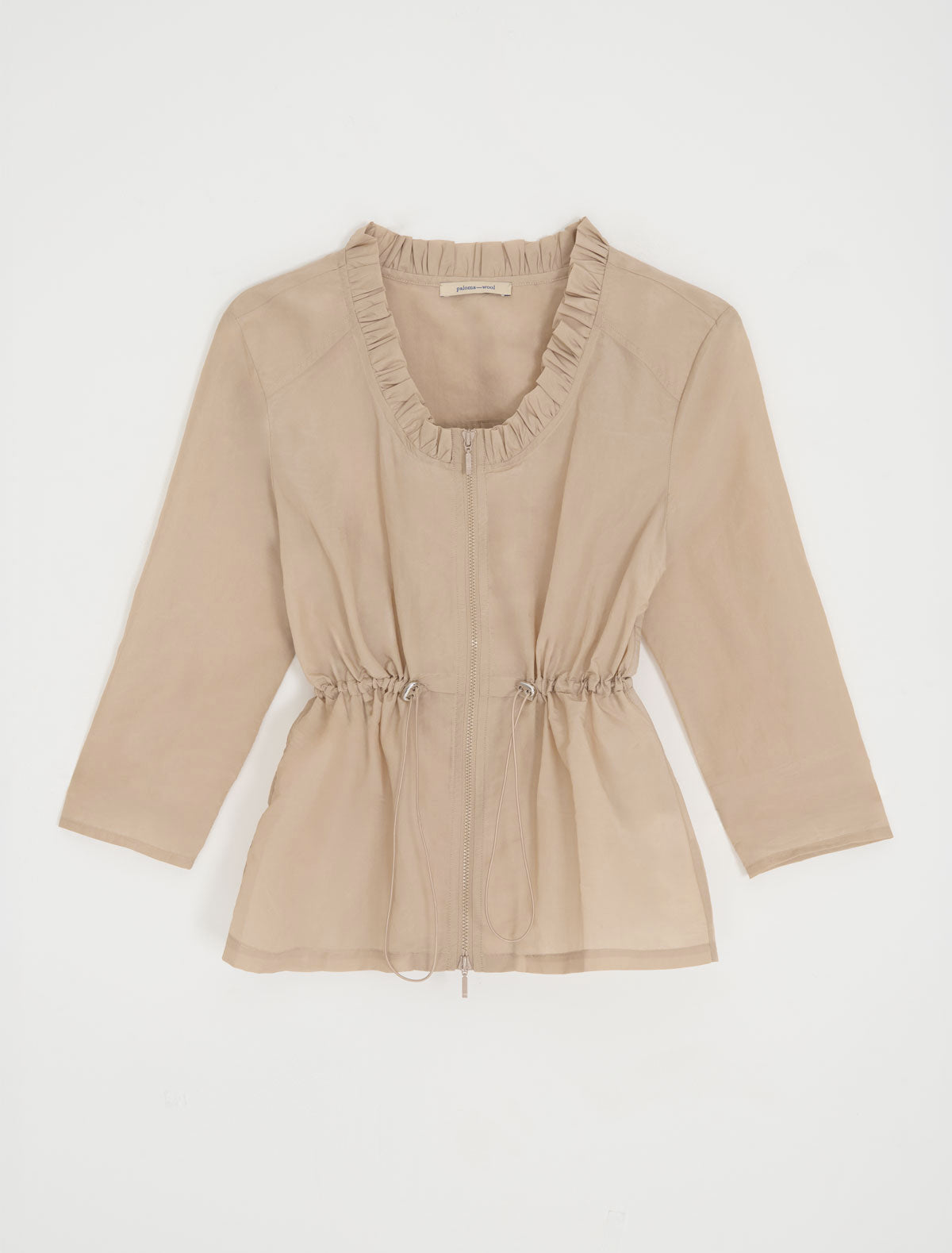 Raso slightly sheer silk nylon jacket elbow length sleeves adjustable drawstring