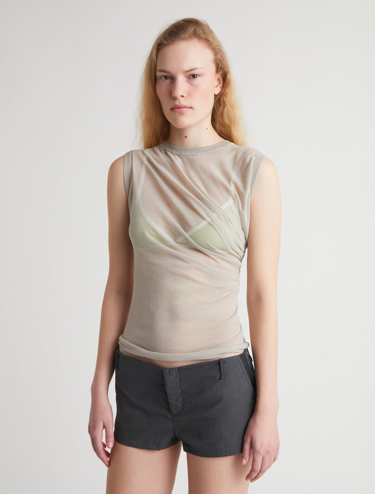 Raven ii asymmetrical knit top draped detailing beige