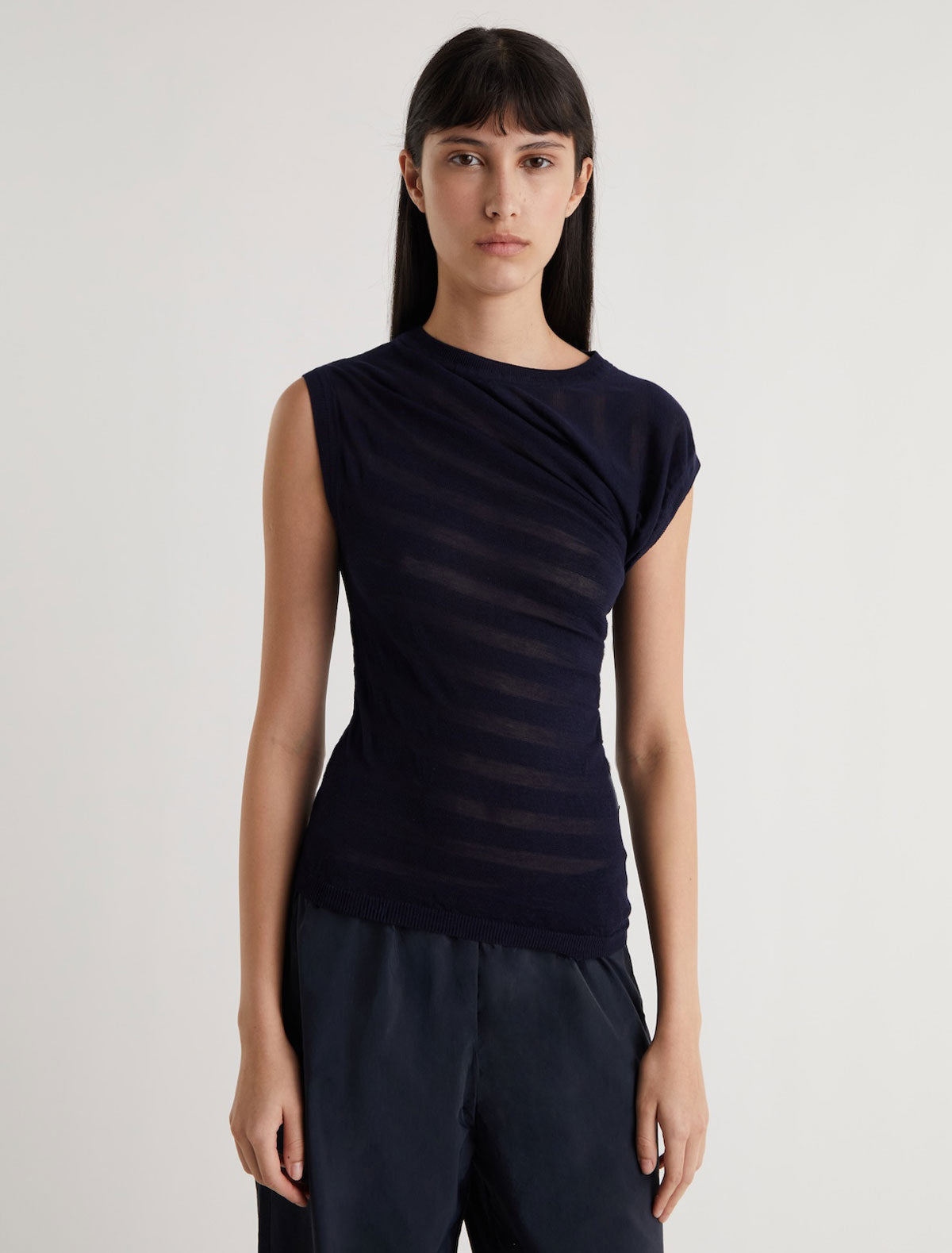 Raven asymmetric draped top striped effect knit navy