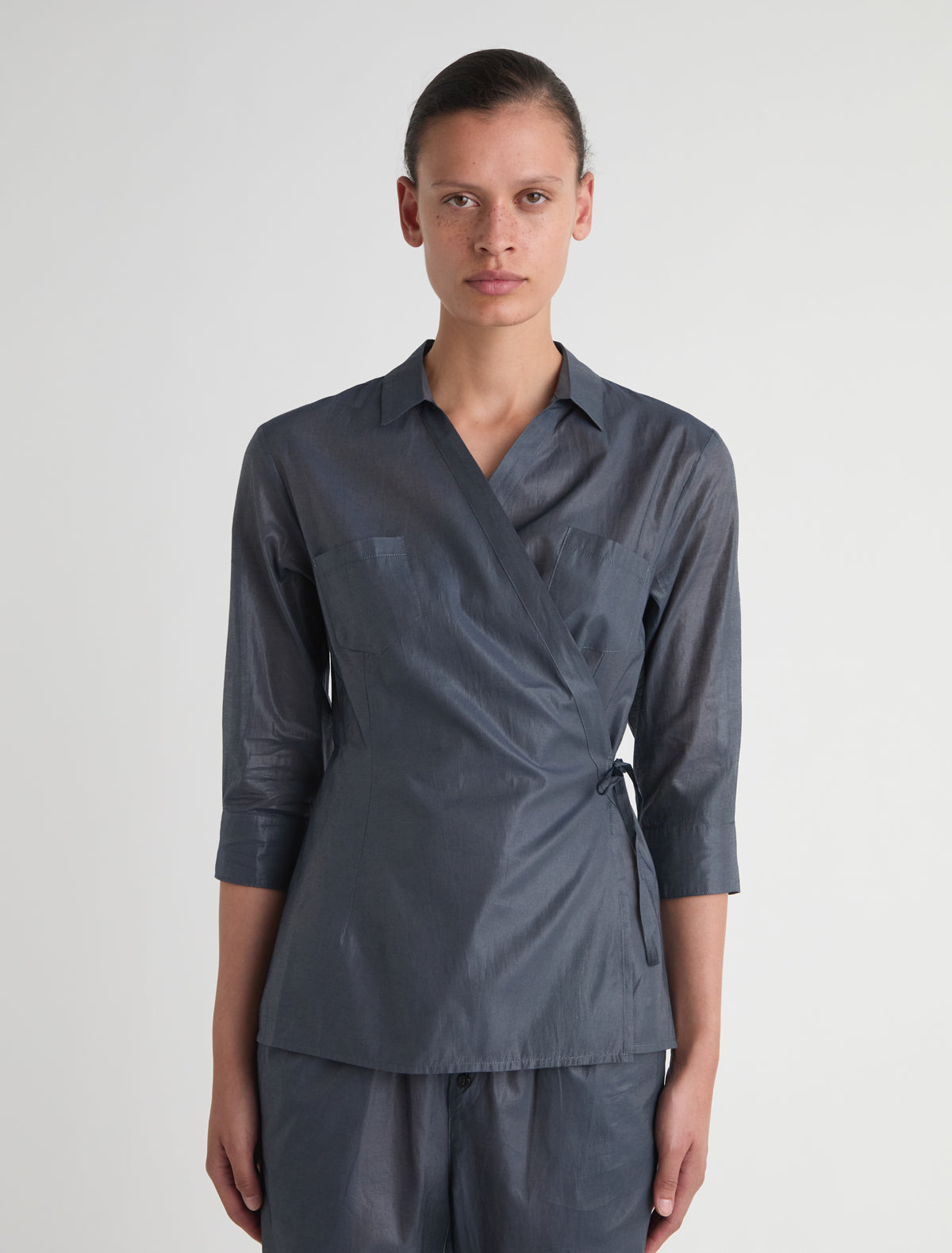 Ricer elbow length sleeve wrap shirt front pockets navy
