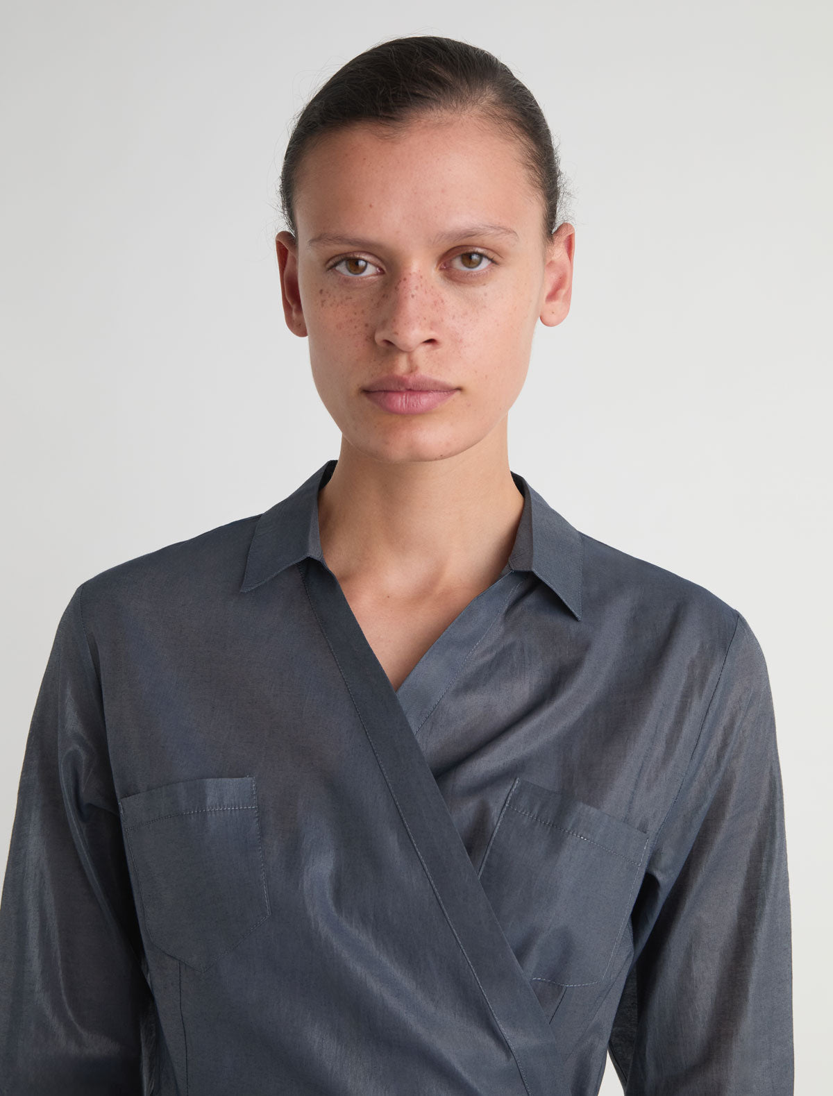 Ricer elbow length sleeve wrap shirt front pockets navy