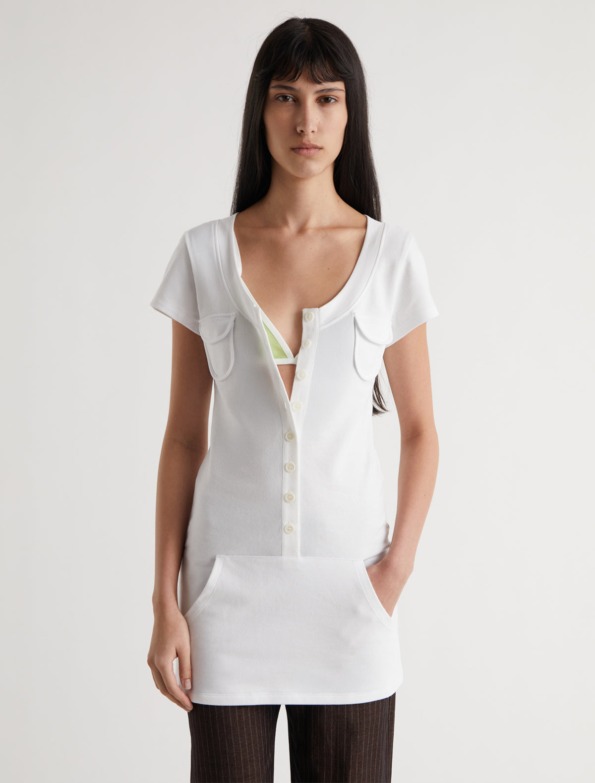 Rodondo short sleeve dress round neckline kangaroo style pocket