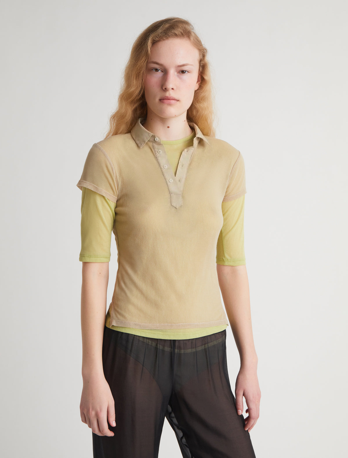 Sile ii short sleeve tulle top shirt collar nylon placket