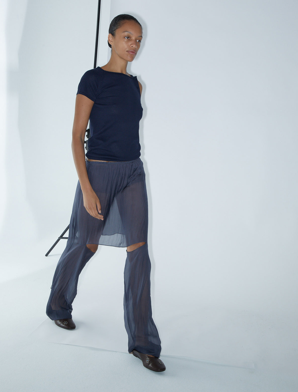 Silk simonetta flowy silk skirt hem opening pants navy