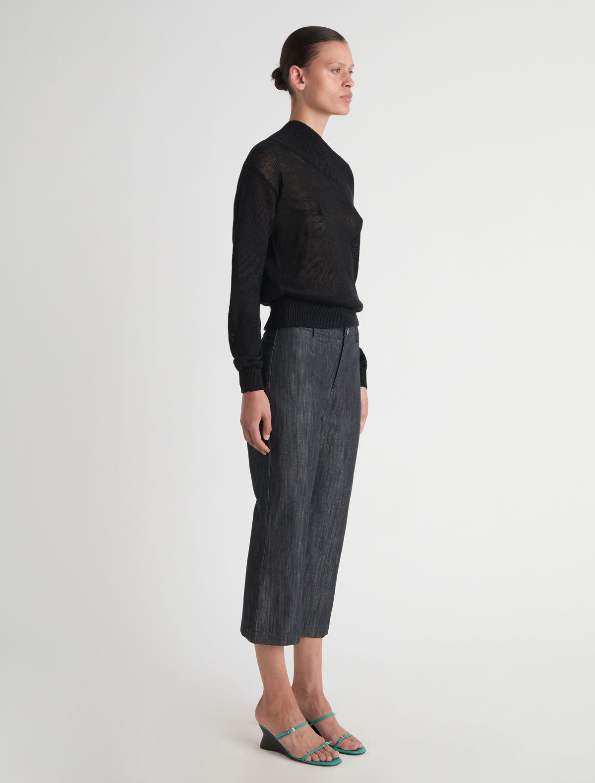 Soto long sleeve hemp knit sweater dropped asymmetric neckline black
