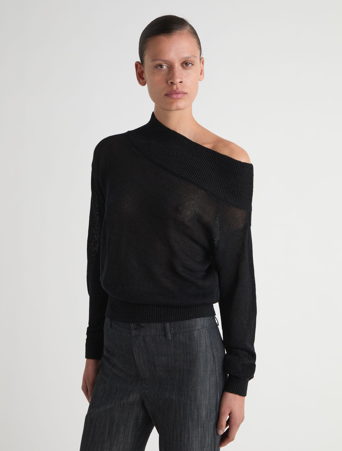 Soto long sleeve hemp knit sweater dropped asymmetric neckline black