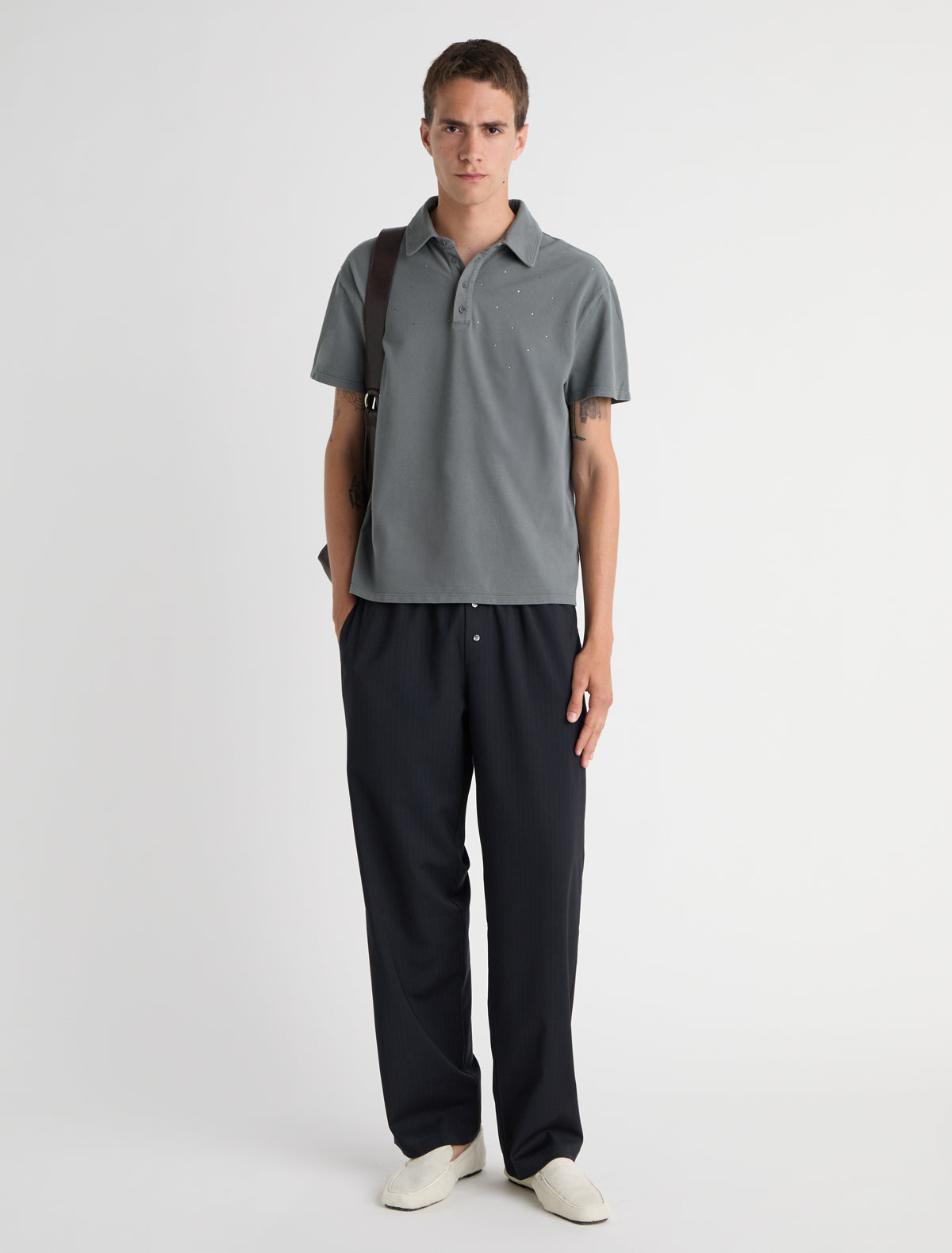 Strip short sleeve pique polo strass detailing upper body lightkhaki