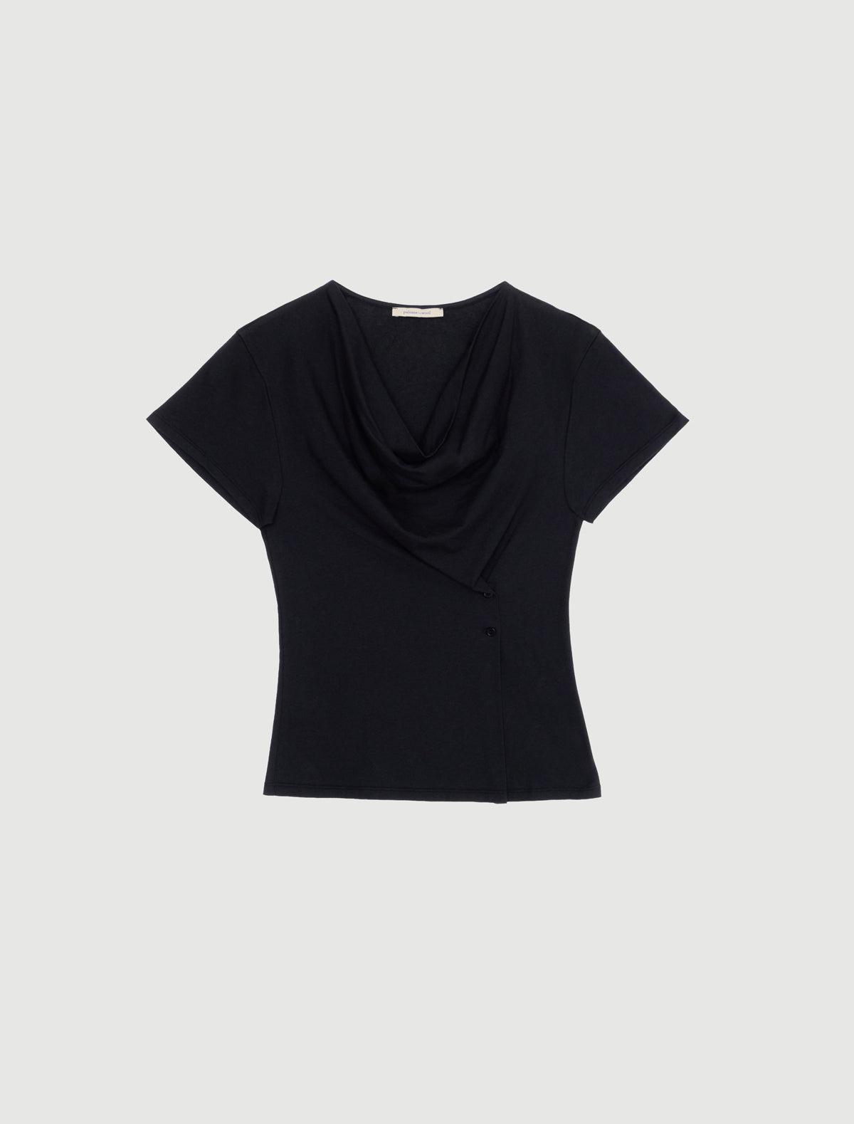 Hazzard short sleeved top draped neckline waist buttons black