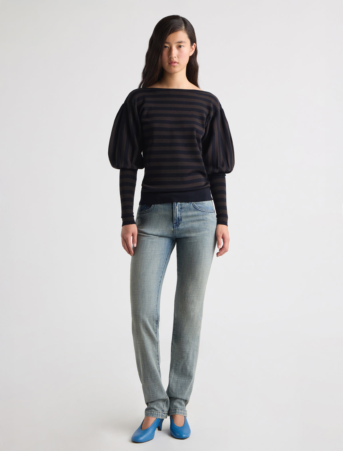 Marmol striped knitted top puff sleeves pleated detailing shoulders navy