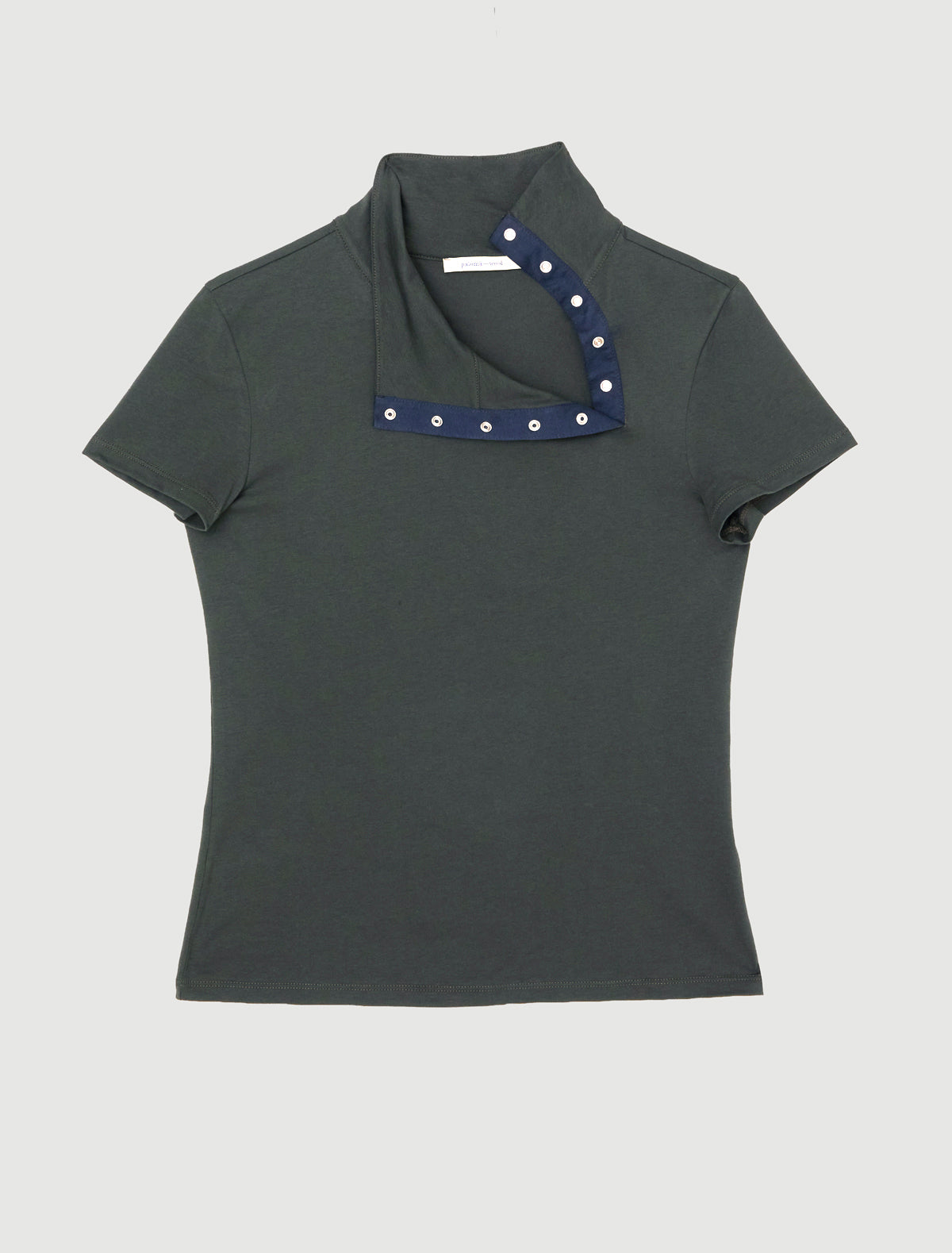 Zira short sleeve cotton top high neckline off center placket khaki