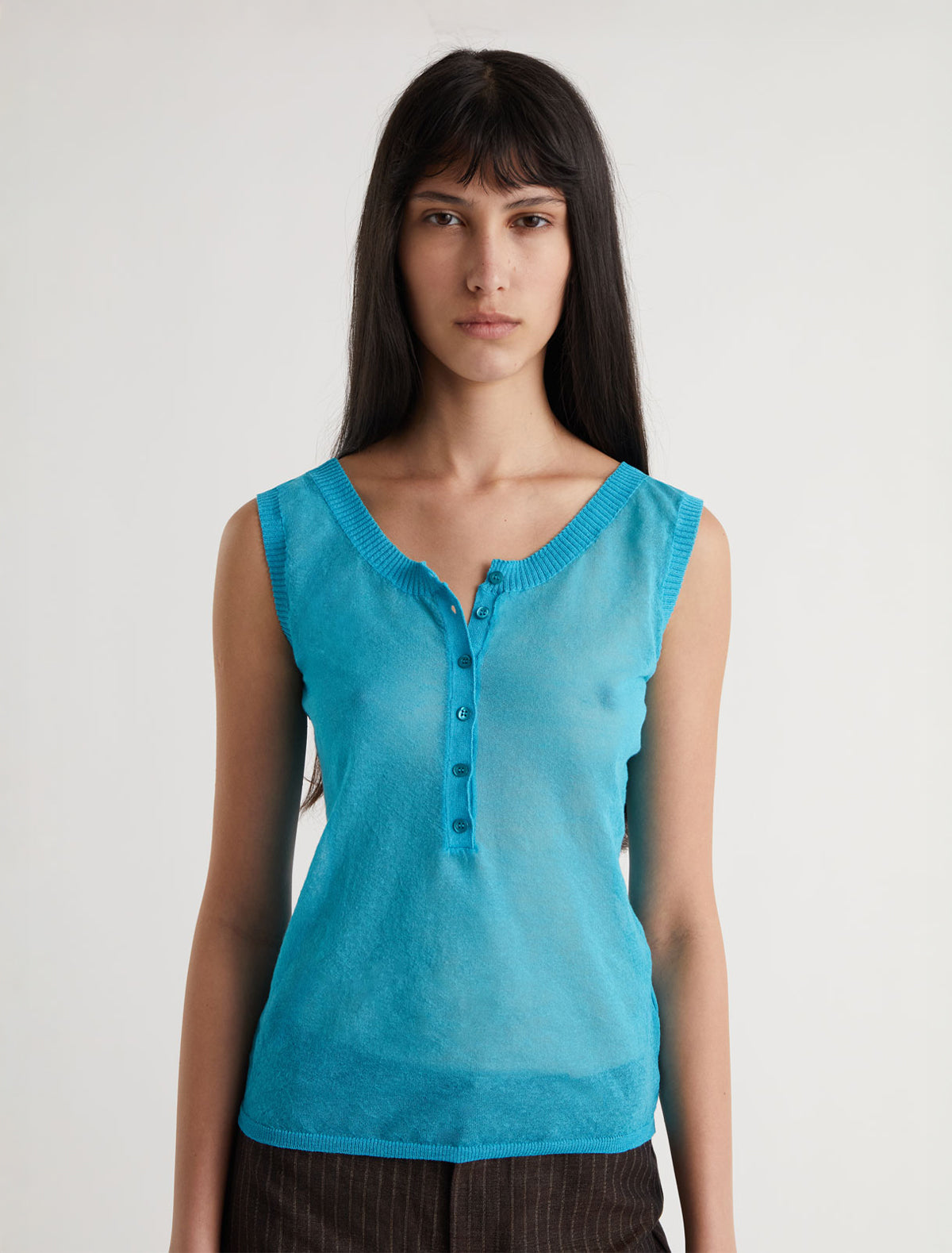 Velata sleeveless top front placket detail blue