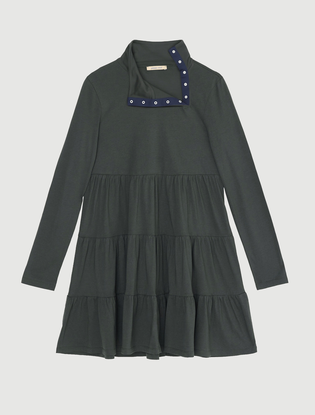 Vera long sleeve cotton dress high neckline off center placket khaki