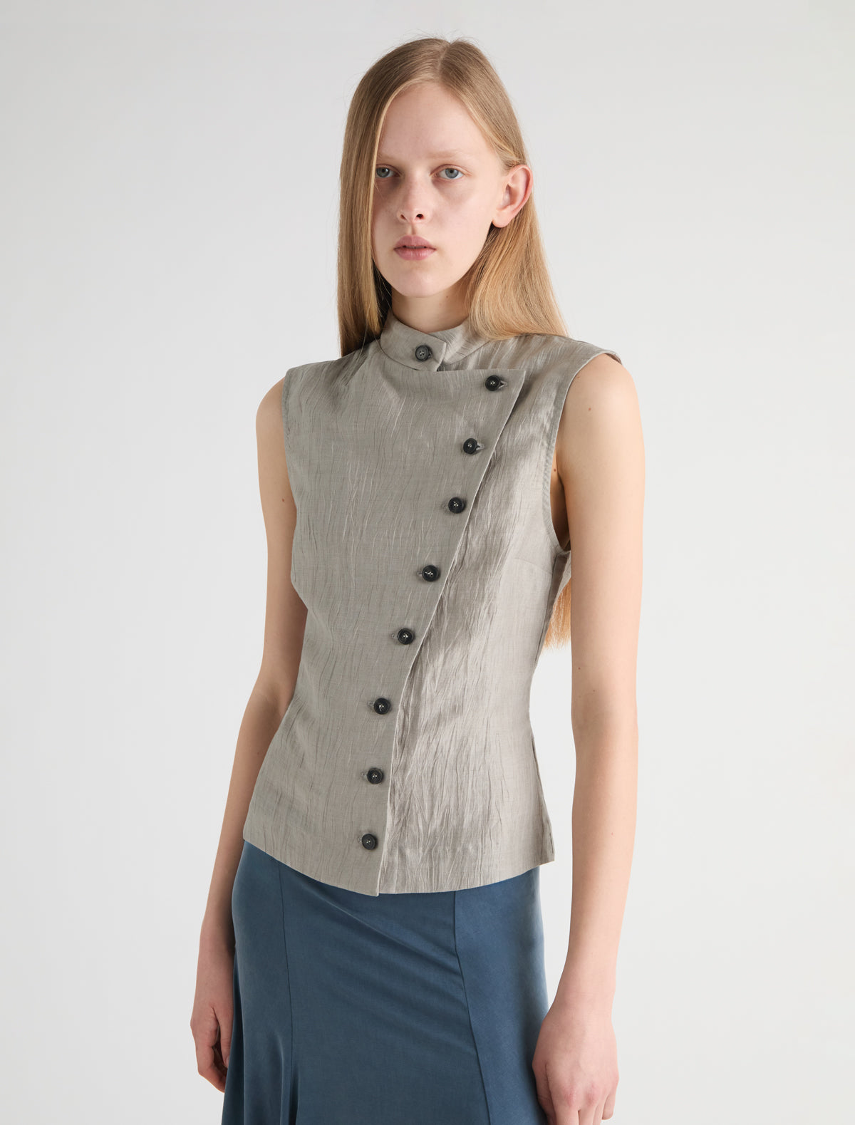 Sara high neck top wrap front button closure grey