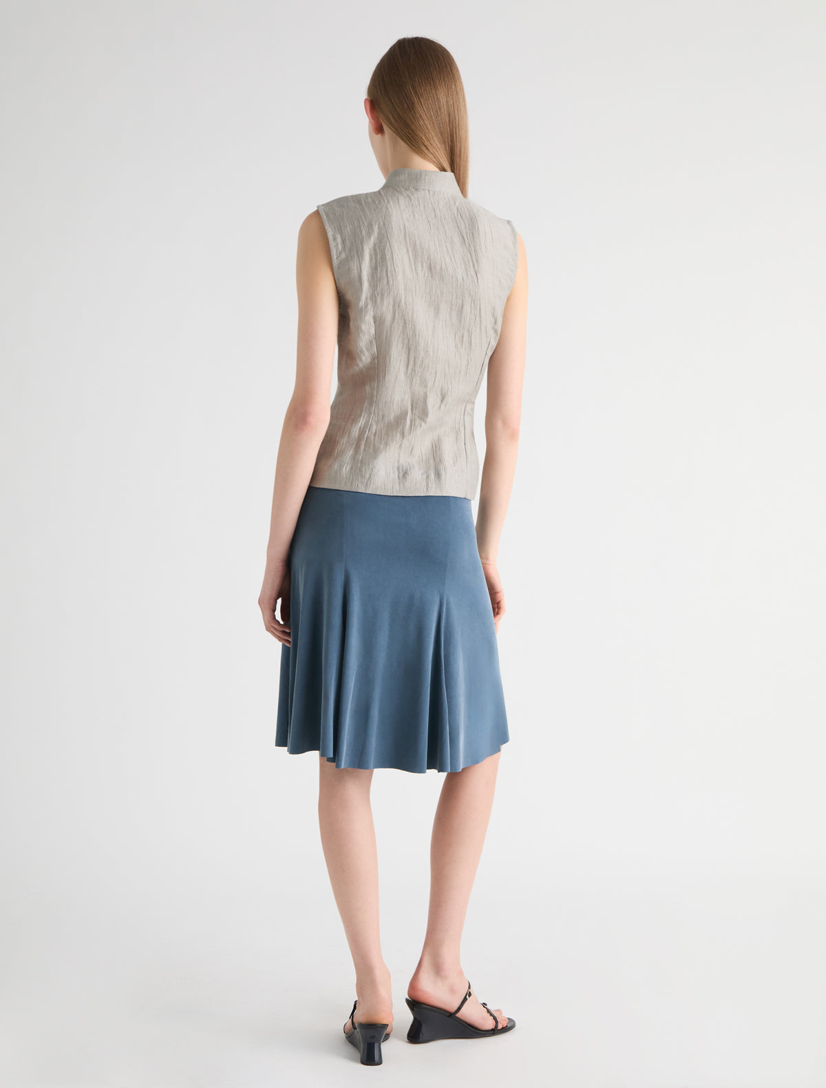 Sara high neck top wrap front button closure grey