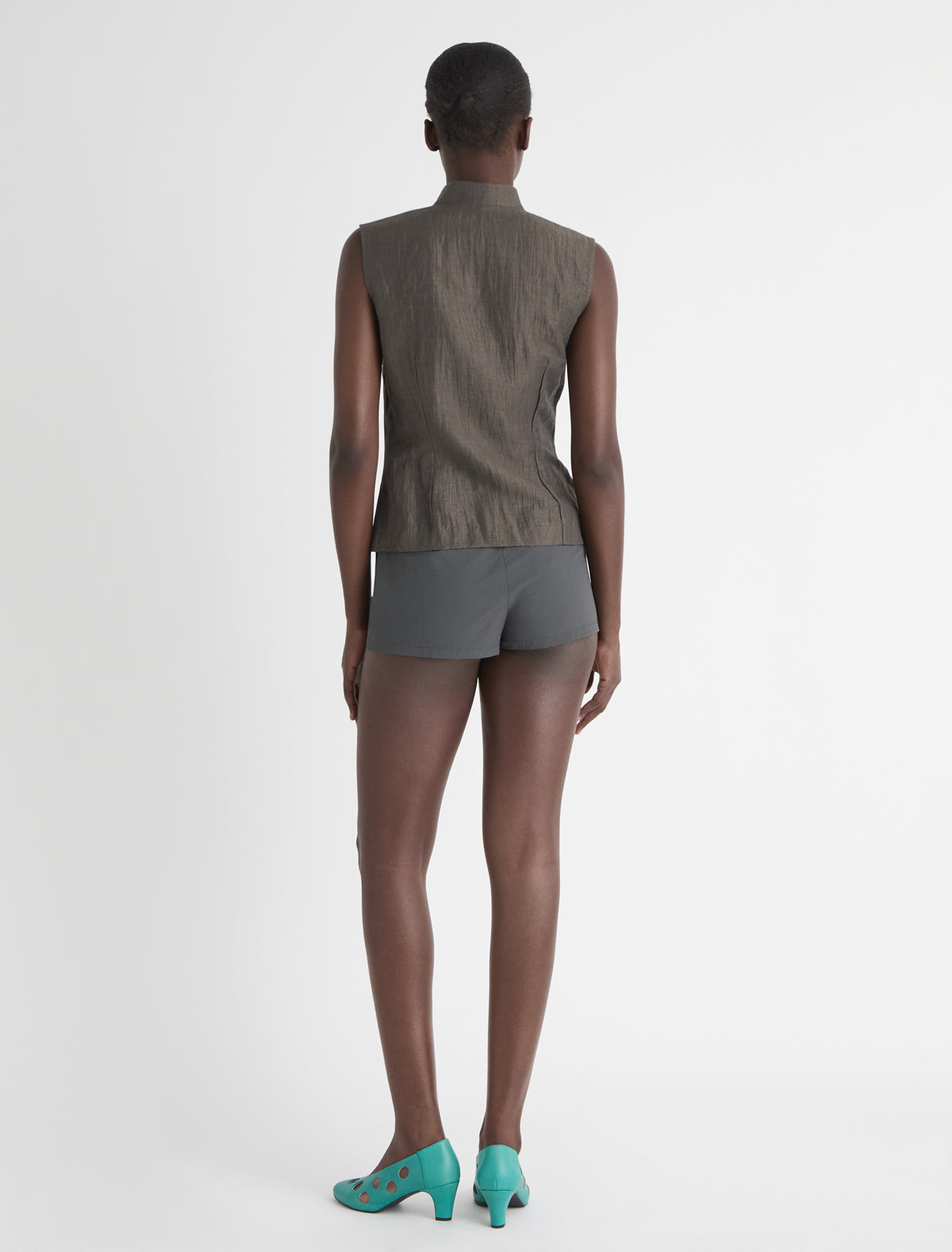 Sara high neck top wrap front button closure brown