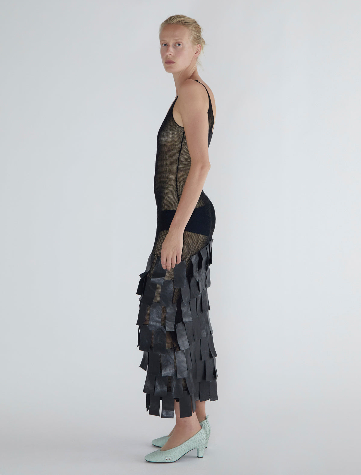 Juana 0001 strappy knit dress fringe like leather patches