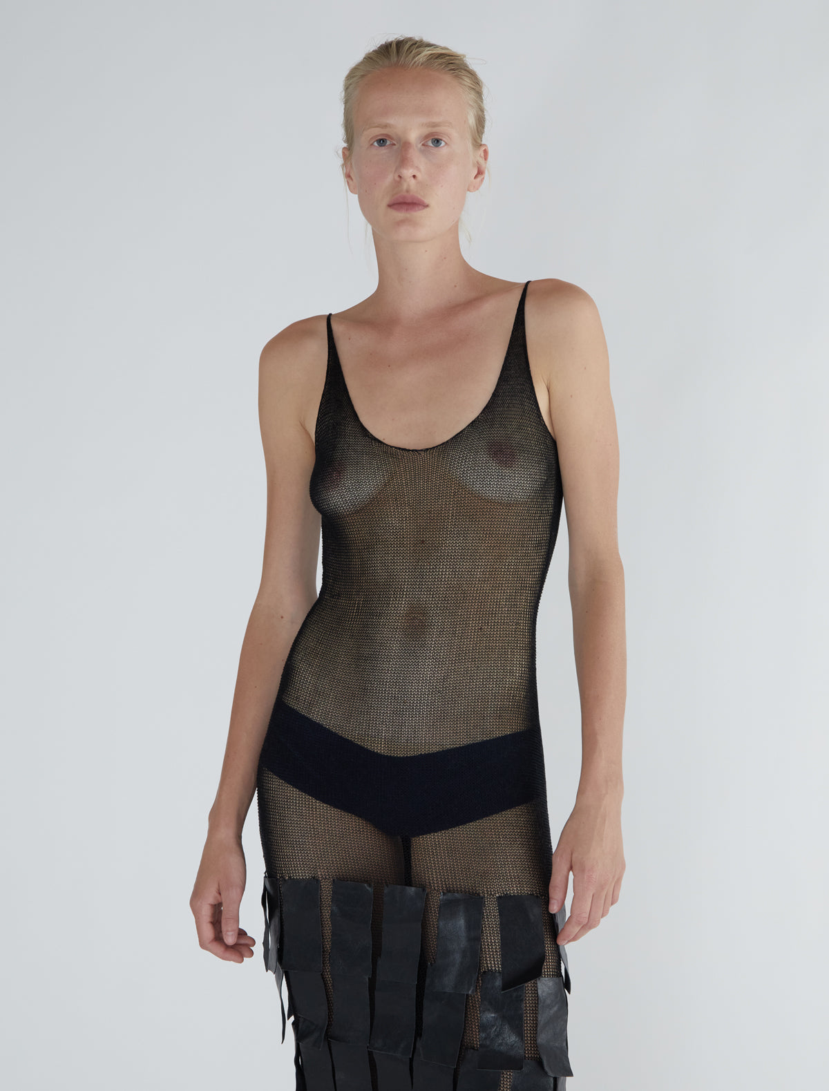 Juana 0001 strappy knit dress fringe like leather patches