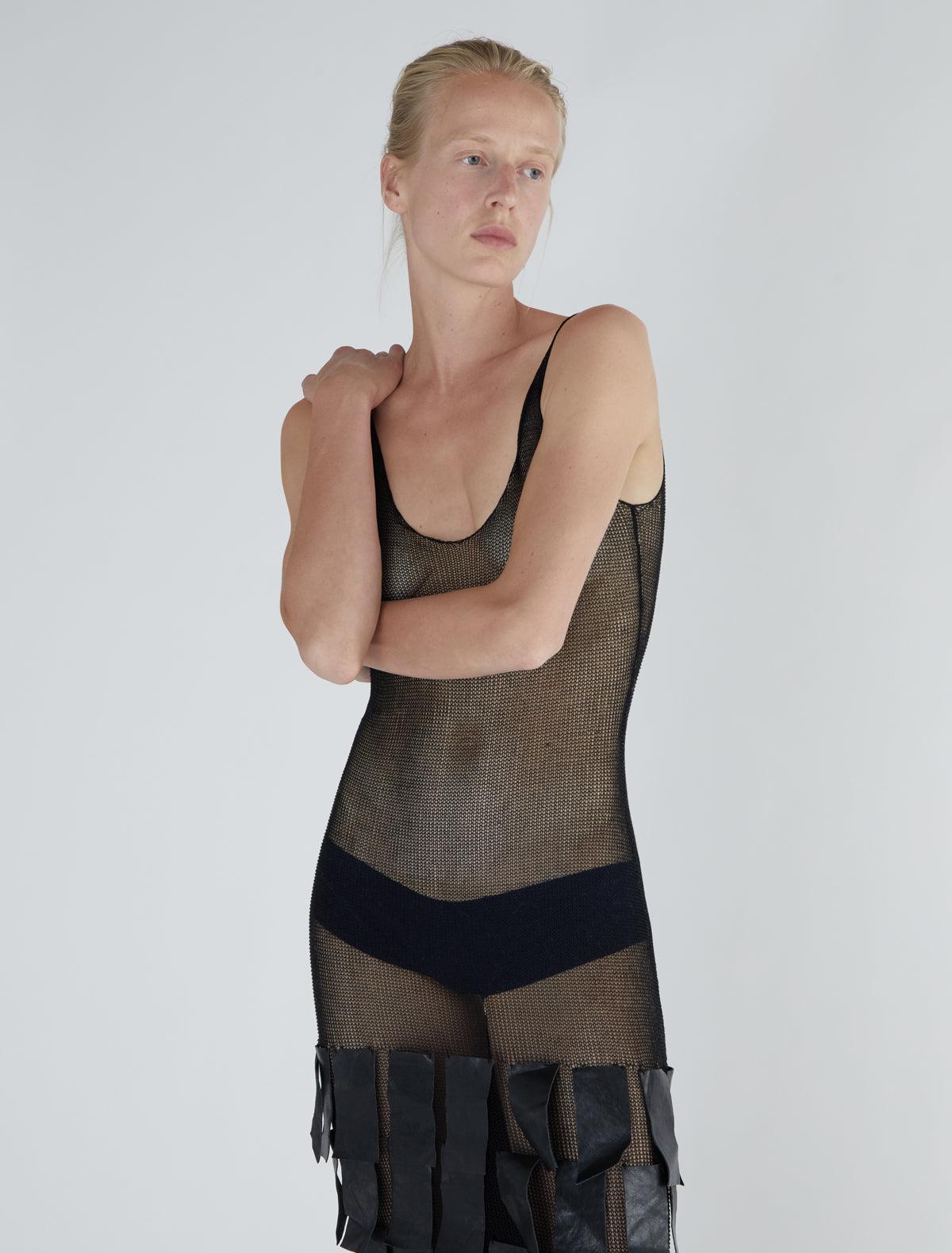 Juana 0001 strappy knit dress fringe like leather patches