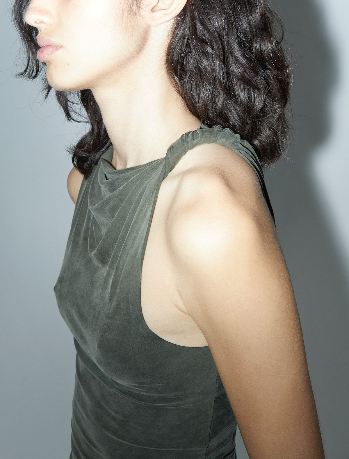 Lassie fitted sleeveless cupro top twisted strap khaki