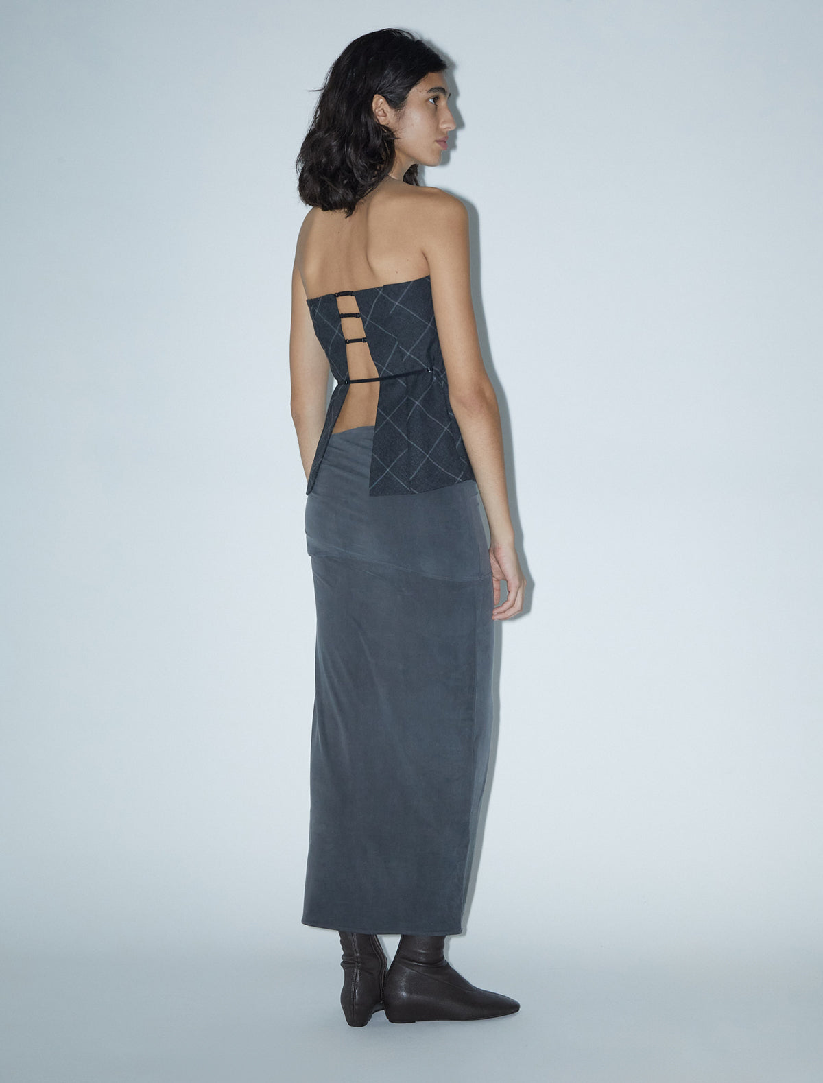 Lois fitted long cupro skirt ruched waistband grey