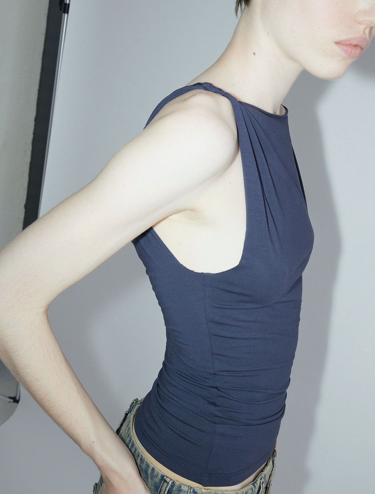 Simp sleeveless top twisted shoulder details navy