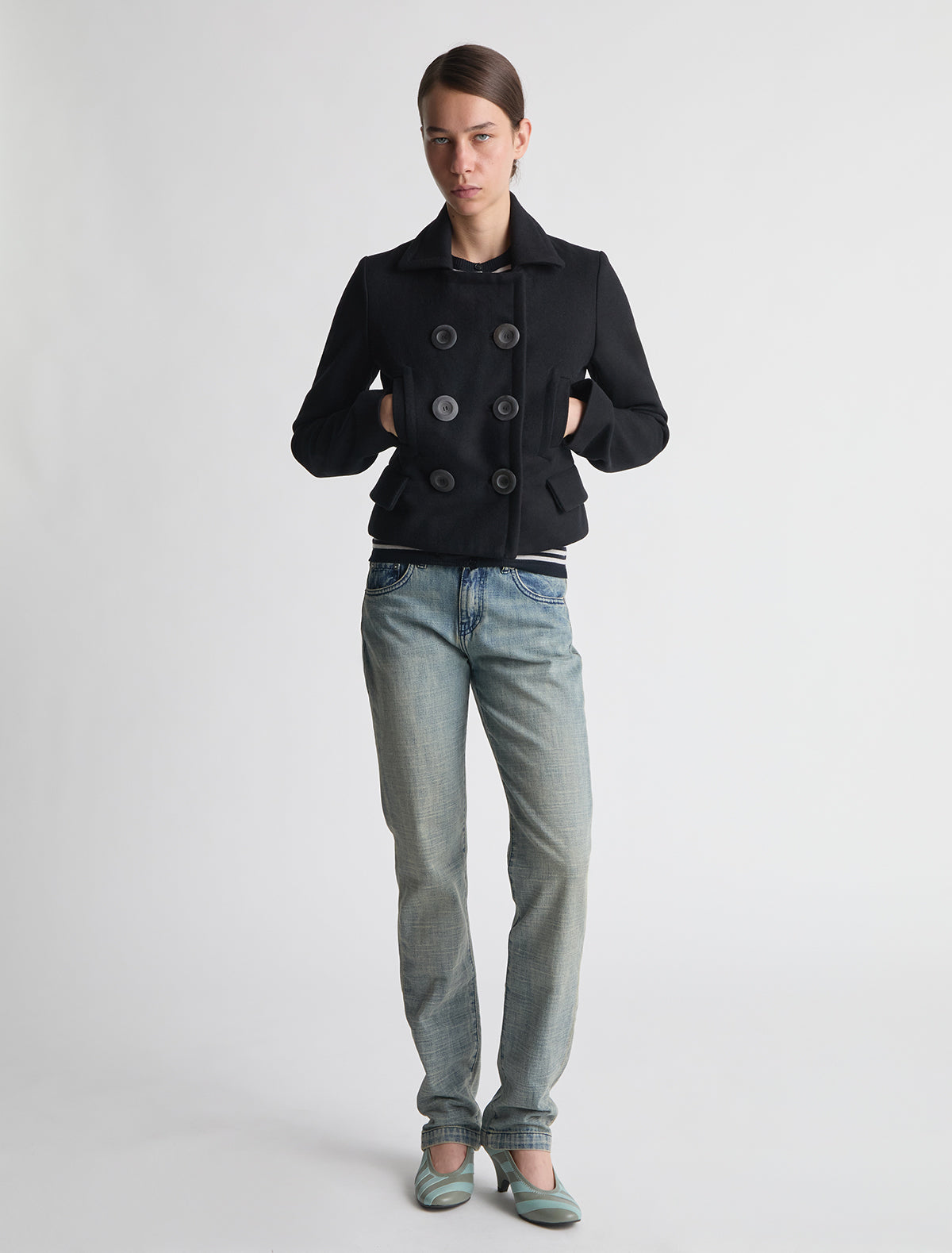 Gola short double breasted coat oversized buttons side pockets black