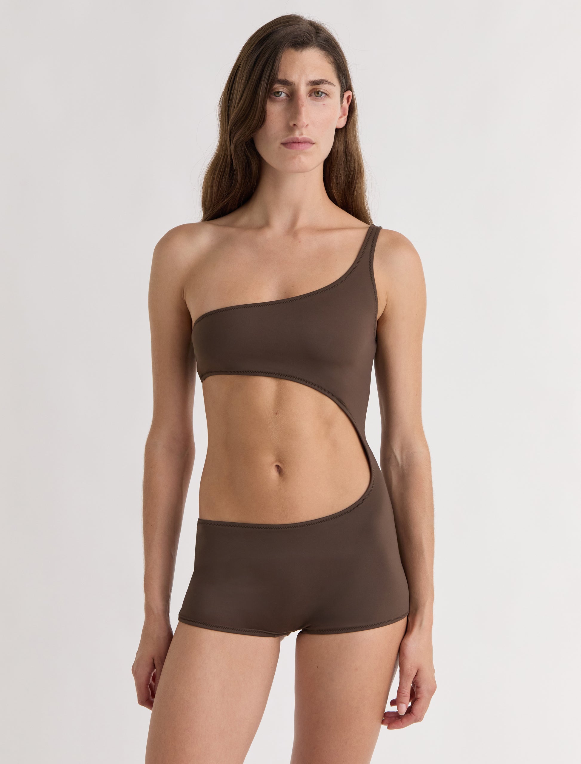 Flann asymmetric swimsuit cut out detail brown