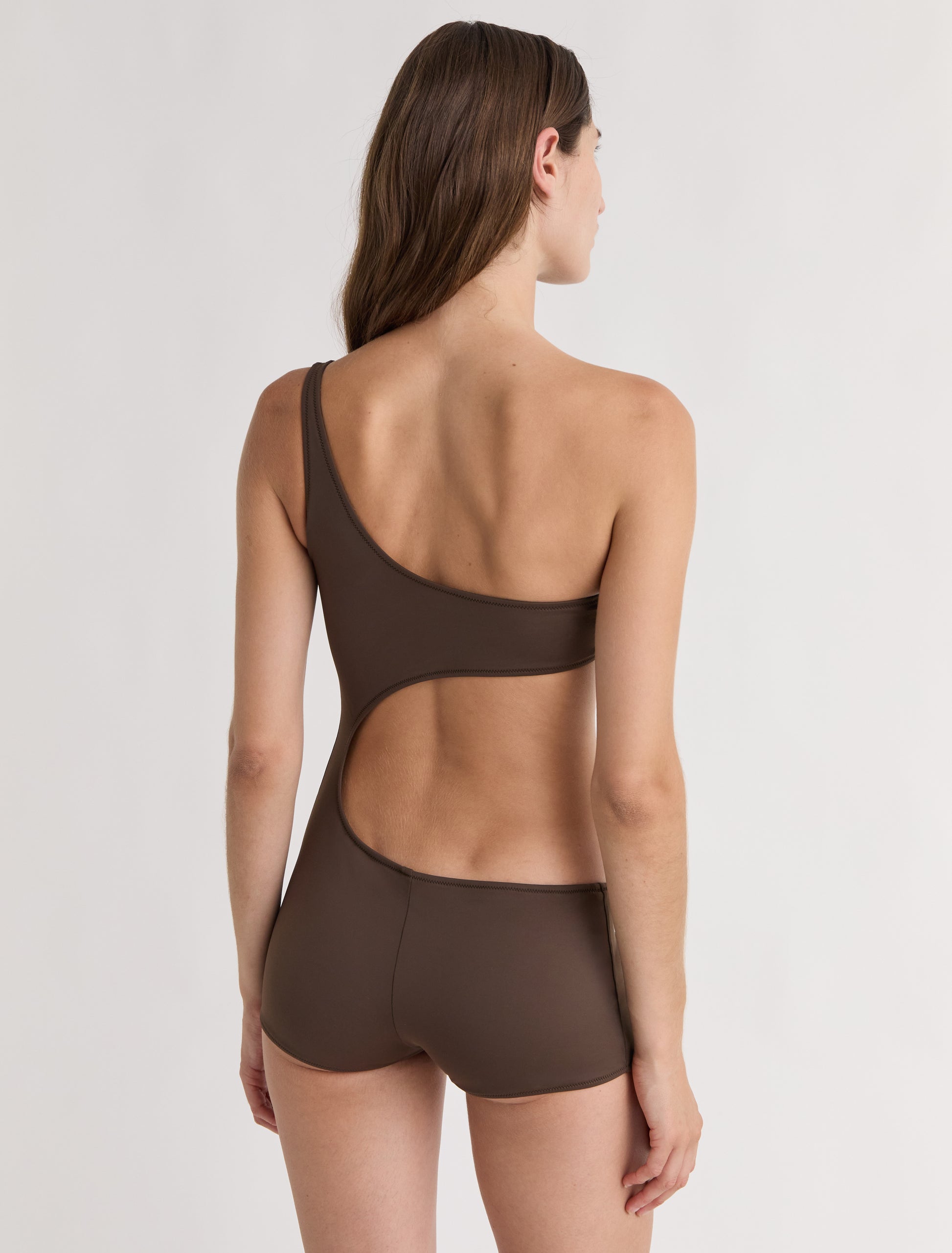 Flann asymmetric swimsuit cut out detail brown